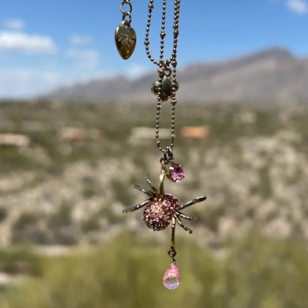 BETSEY JOHNSON Pink Rhinestone Spider Double Chain Necklace